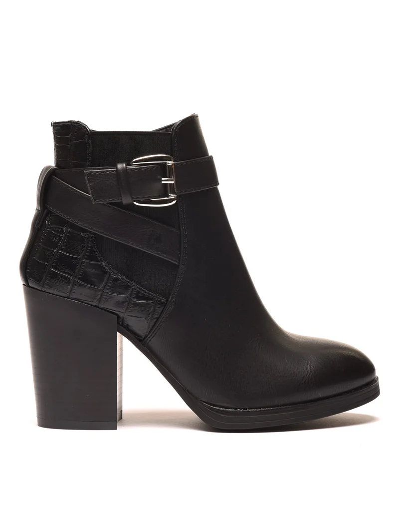 Bottines à talons noires avec lanière et détail crocodile