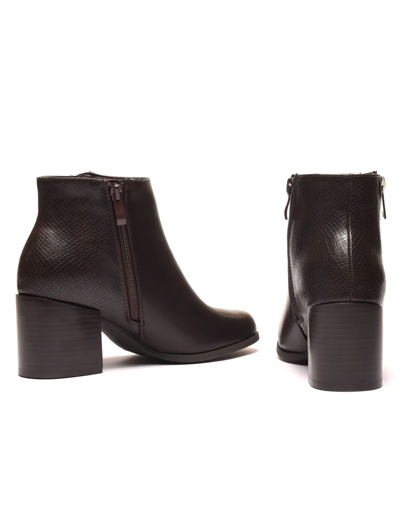Bottines à talons marron avec fermeture & motifs python