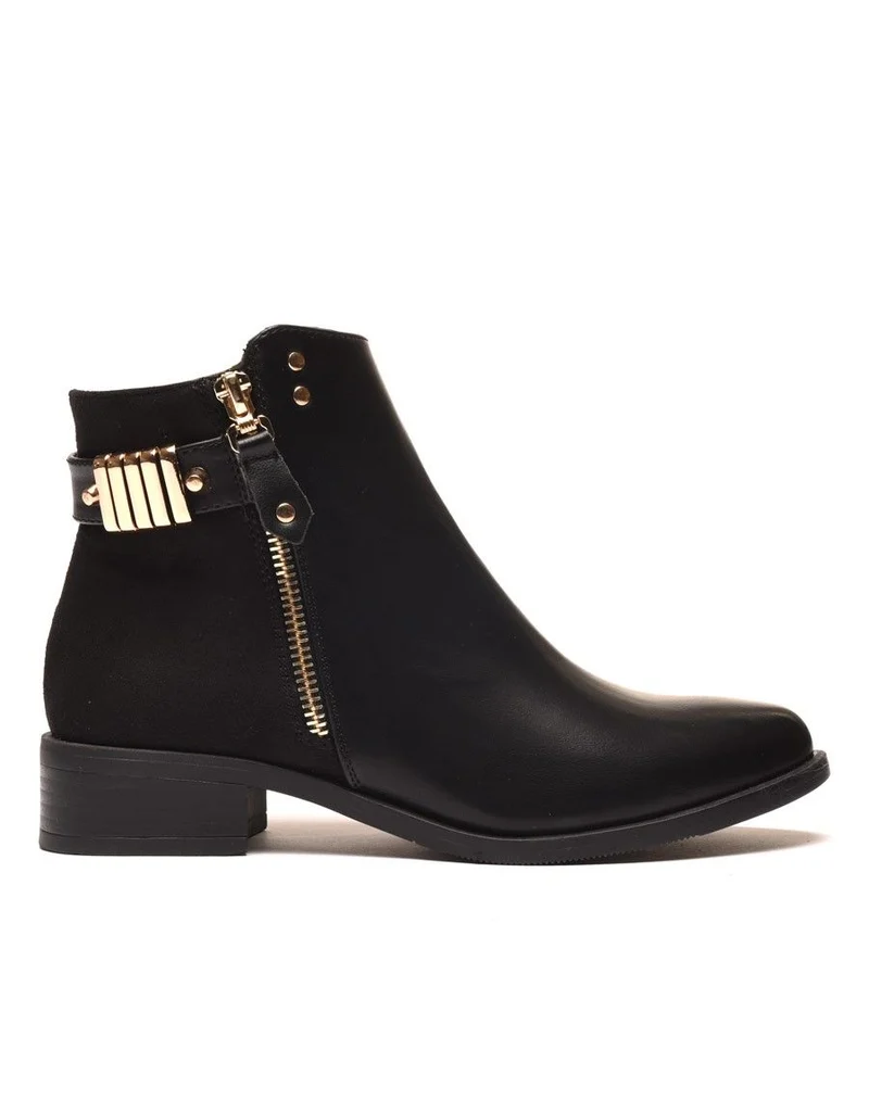 Bottines noires plates bi matières avec détails à l'arrière