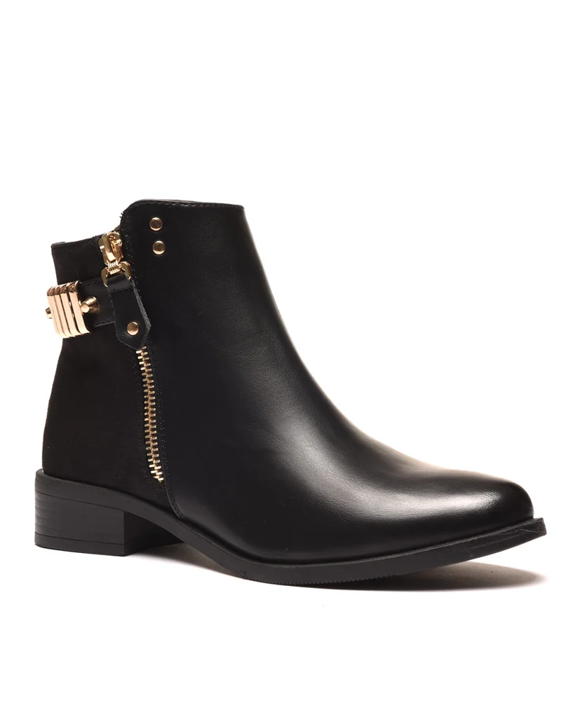Bottines noires plates bi matières avec détails à l'arrière