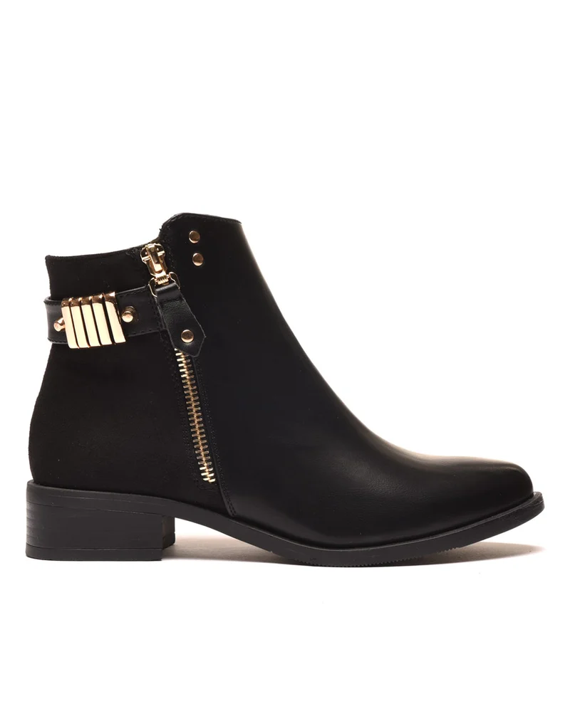 Bottines noires plates bi matières avec détails à l'arrière