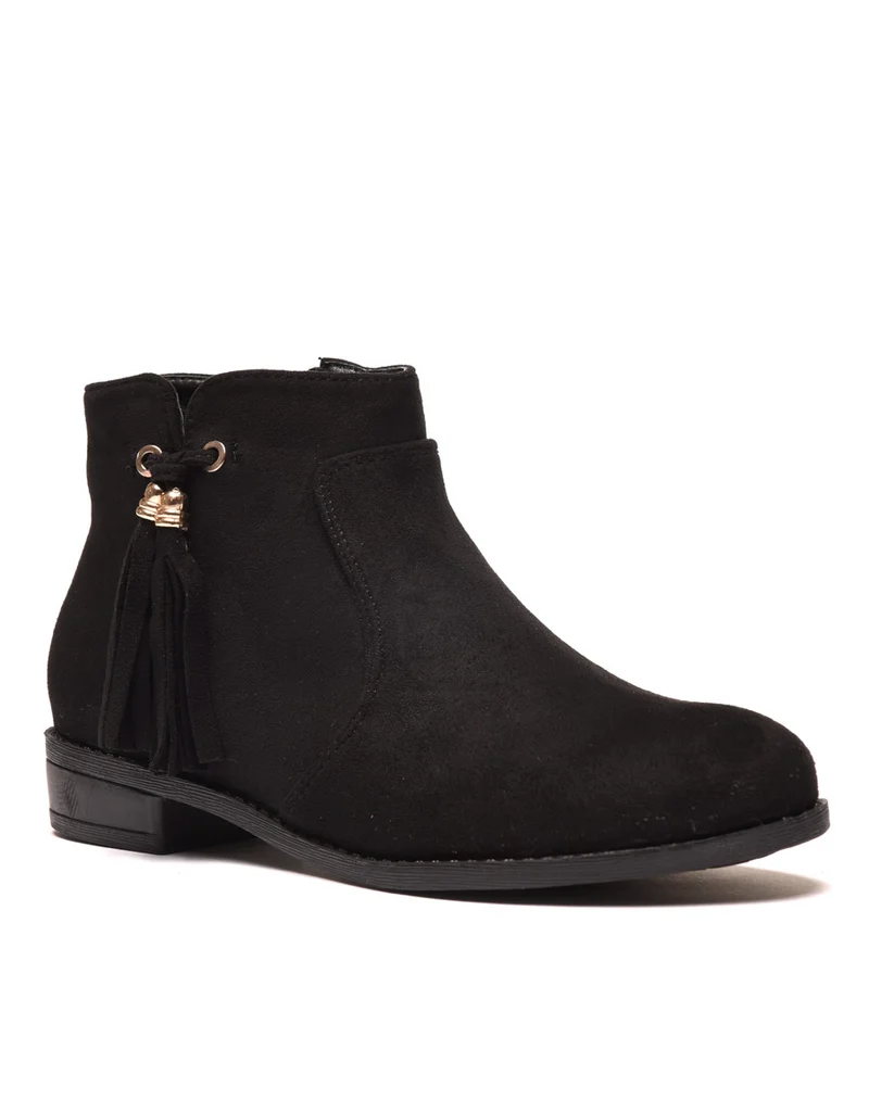 Bottines plates noires avec pompons à franges