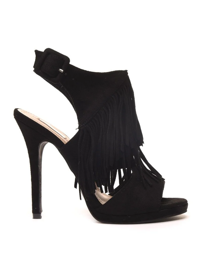 Sandales à talons noires effet suédine ouvertes avec franges