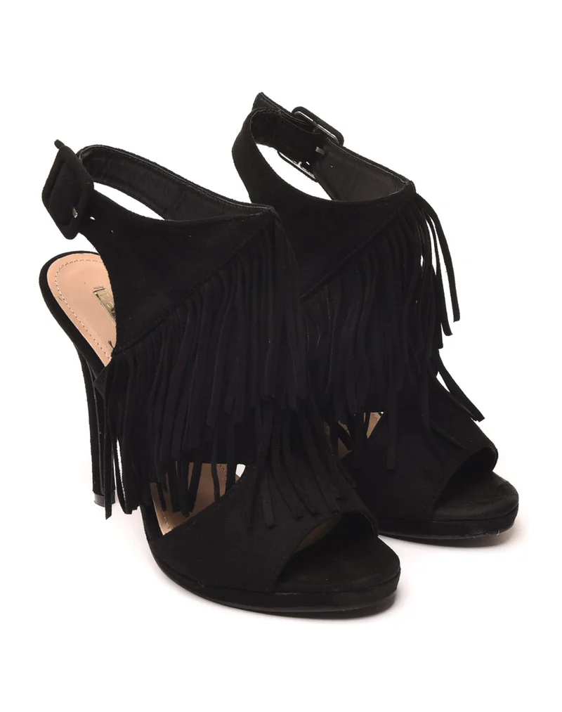 Sandales à talons noires effet suédine ouvertes avec franges