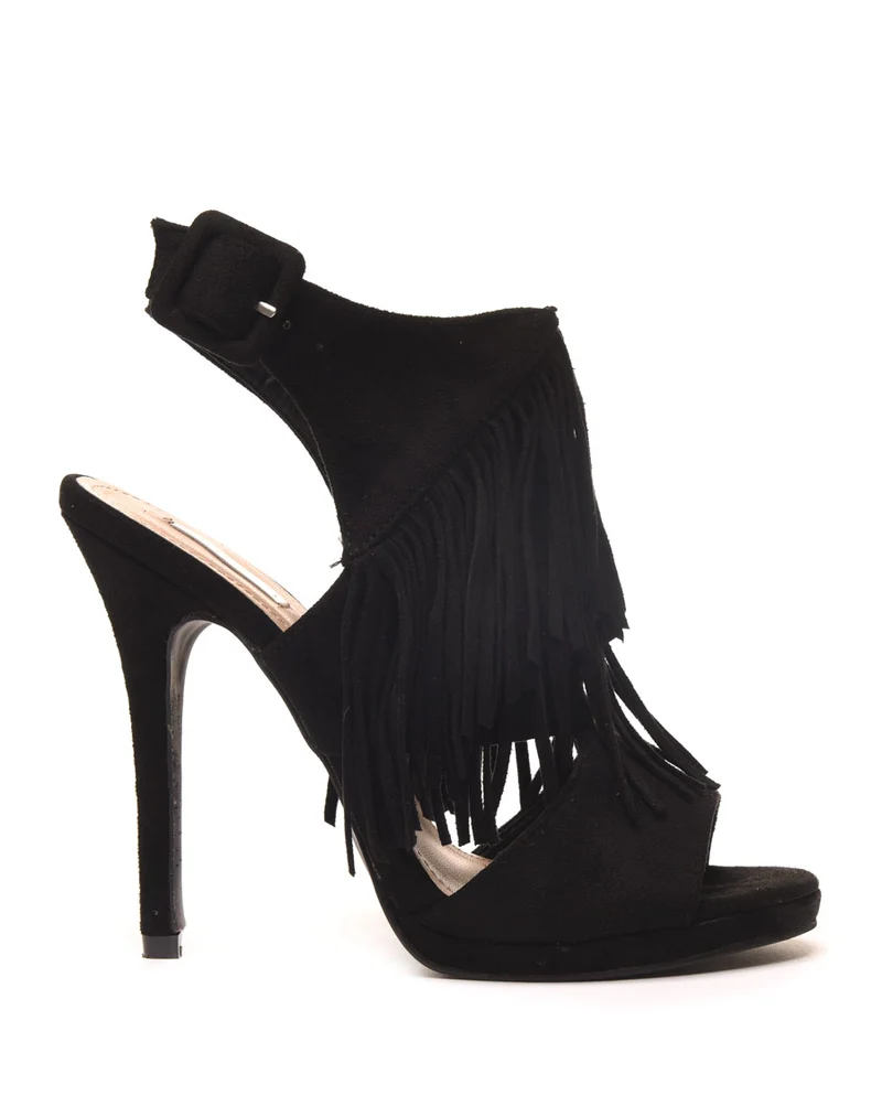 Sandales à talons noires effet suédine ouvertes avec franges