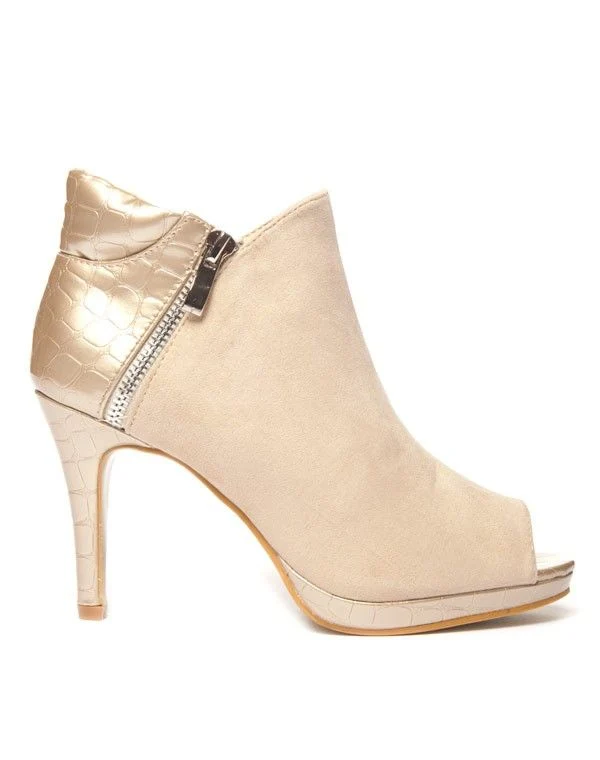 Bottine peep toe beige avec empiècement python vernis