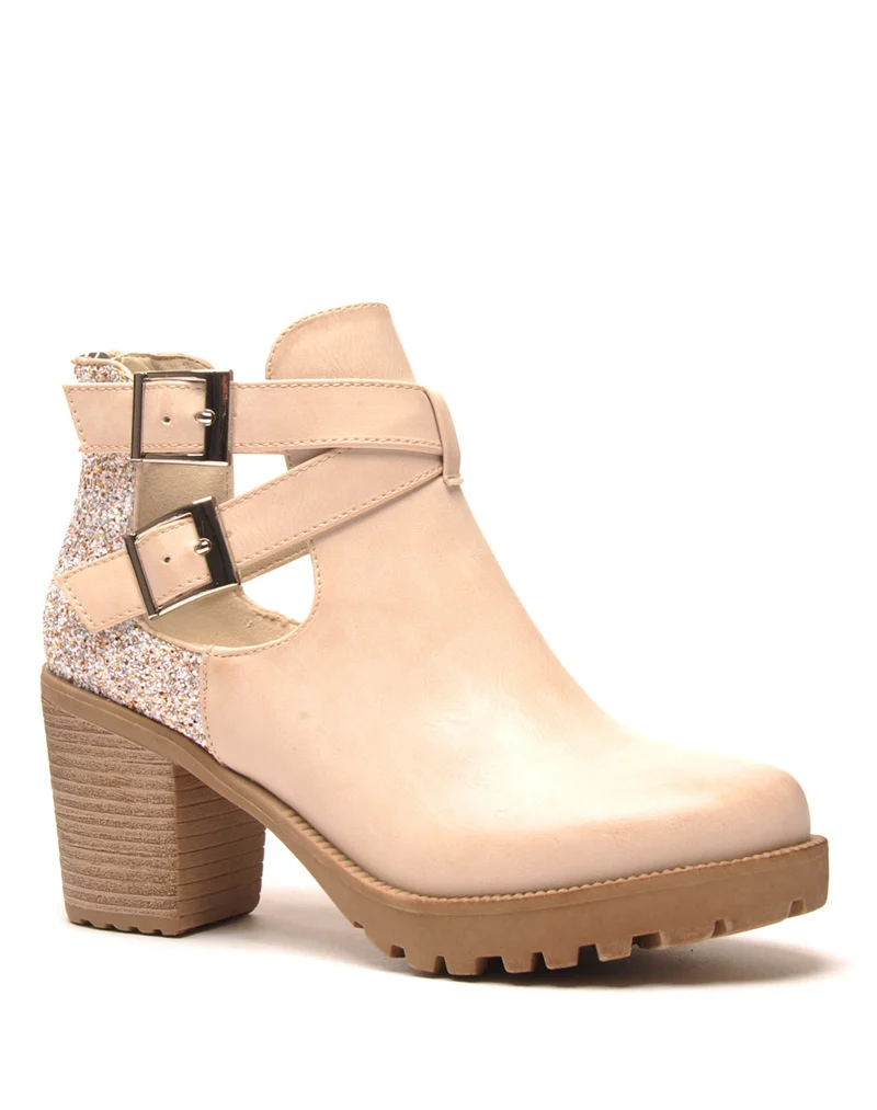 Bottines à talons beiges ajourées et pailletées