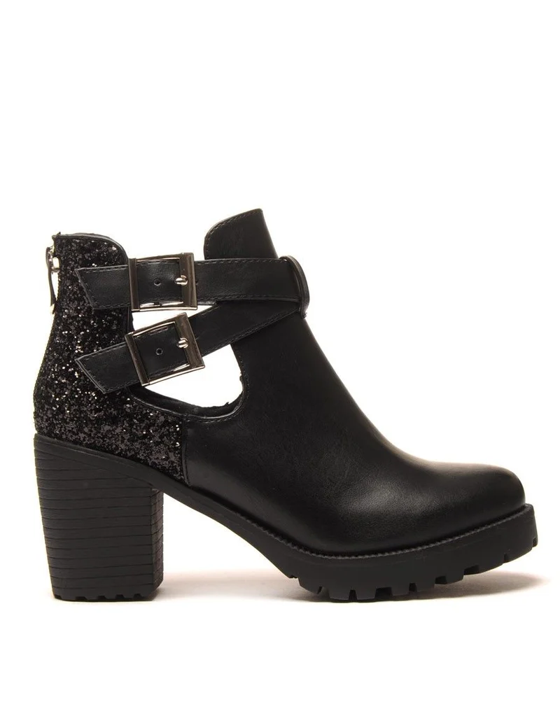 Bottines à talons noires ajourées et pailletées