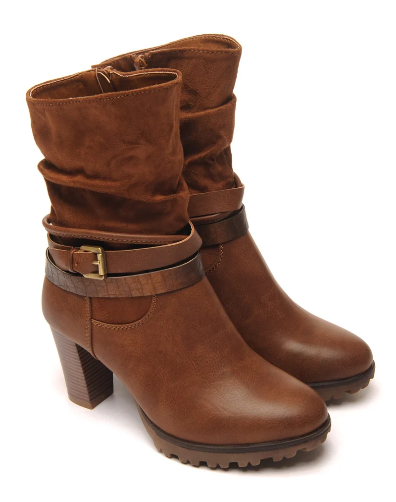 Bottines camel à talons bi-matière double bride