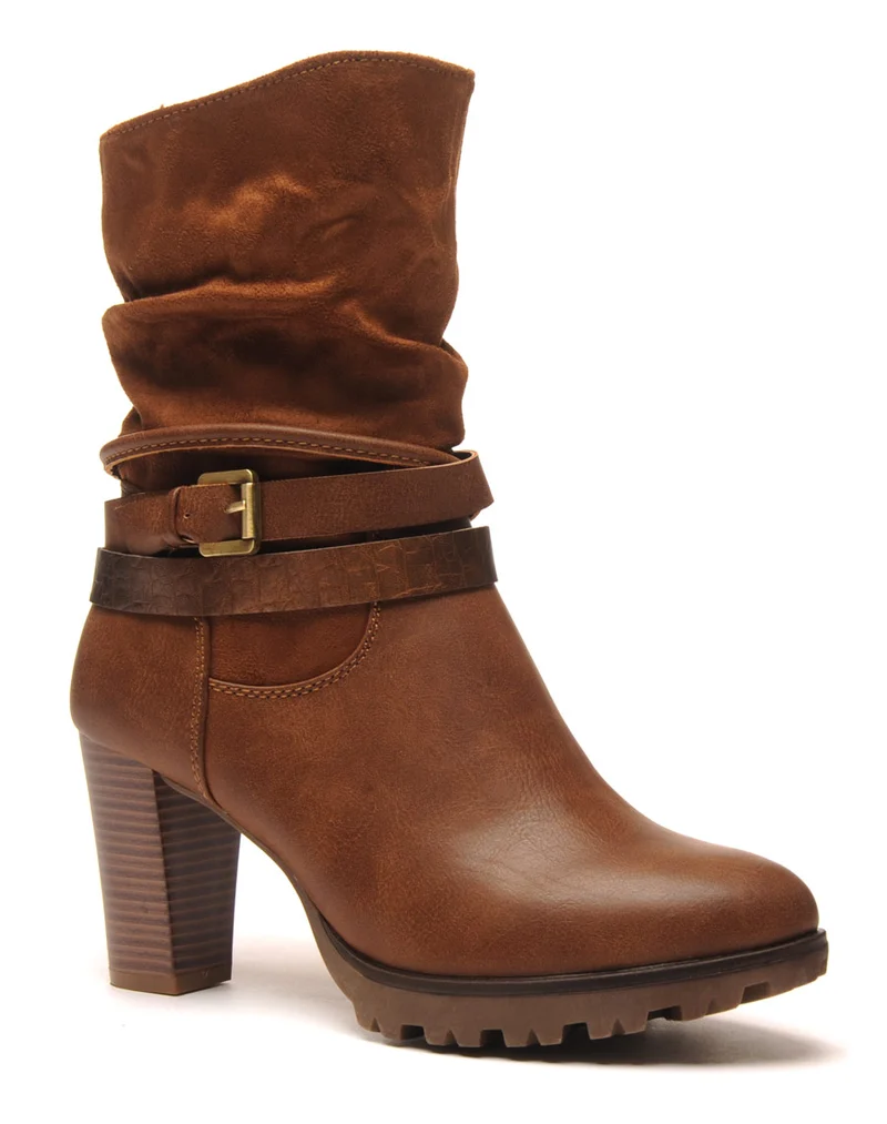 Bottines camel à talons bi-matière double bride