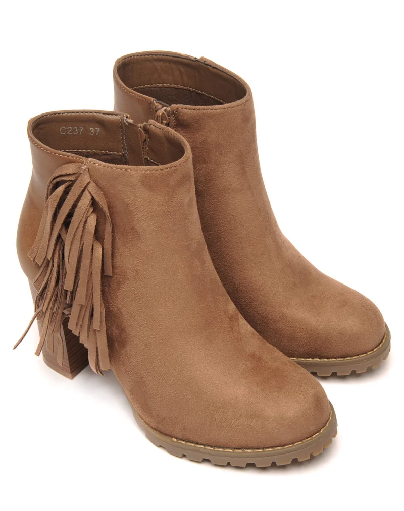 Bottines kaki à talons bi-matière avec franges latérales