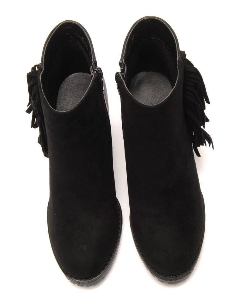 Bottines noires à talons bi-matière avec franges latérales