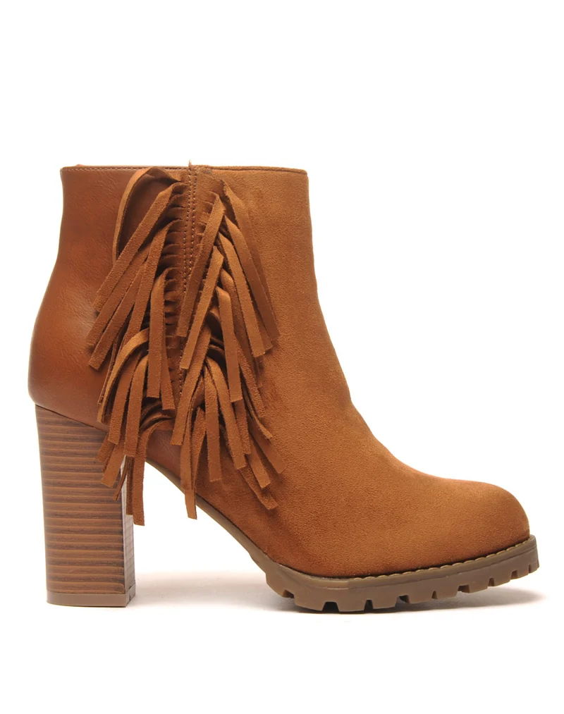 Bottines camel à talons bi-matière avec franges latérales