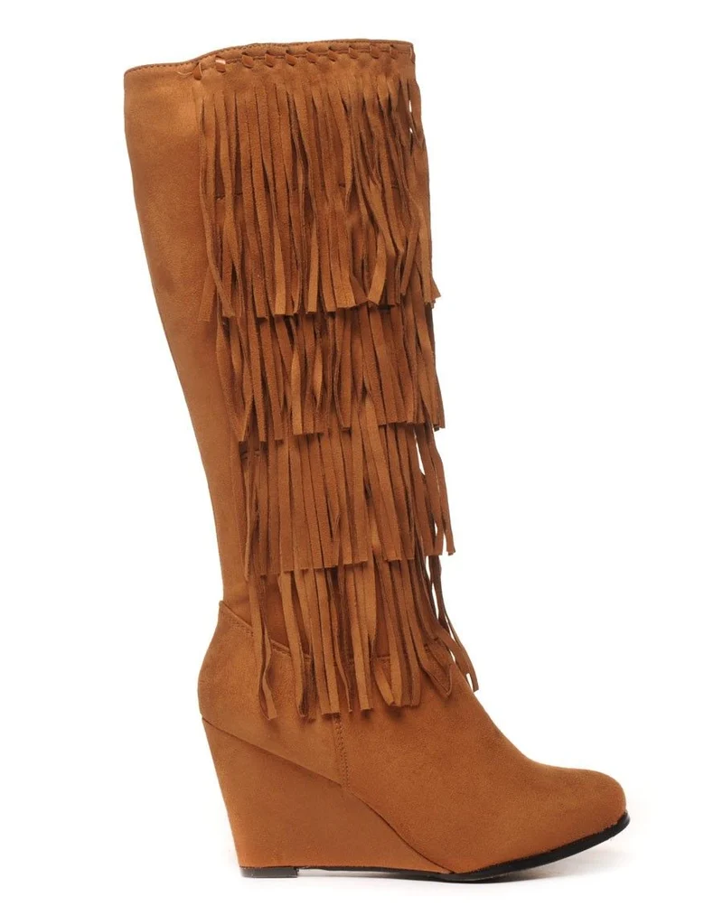 Bottes camel ethniques compensées à franges