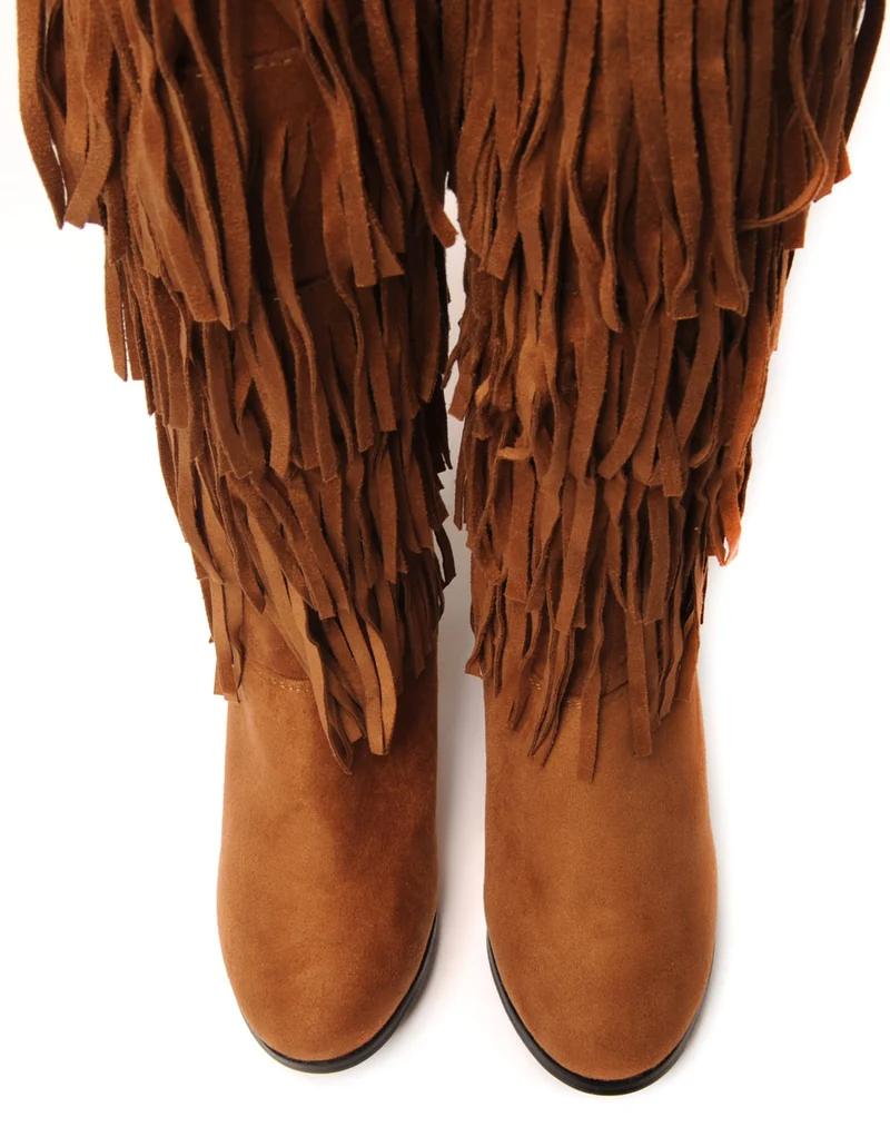 Bottes camel ethniques compensées à franges