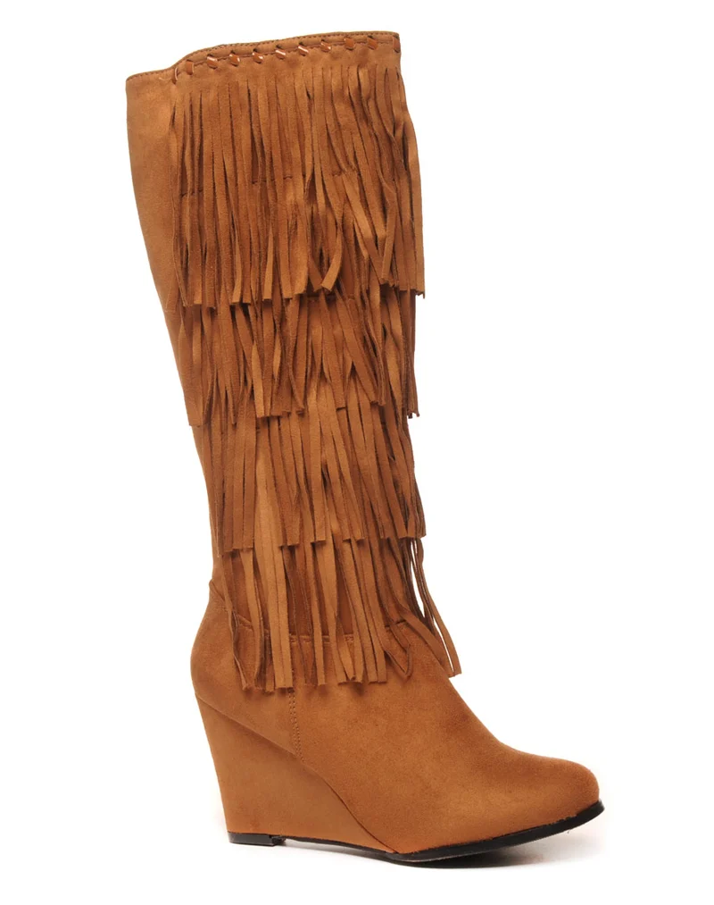 Bottes camel ethniques compensées à franges