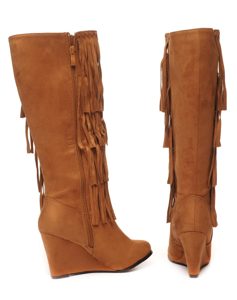 Bottes camel ethniques compensées à franges