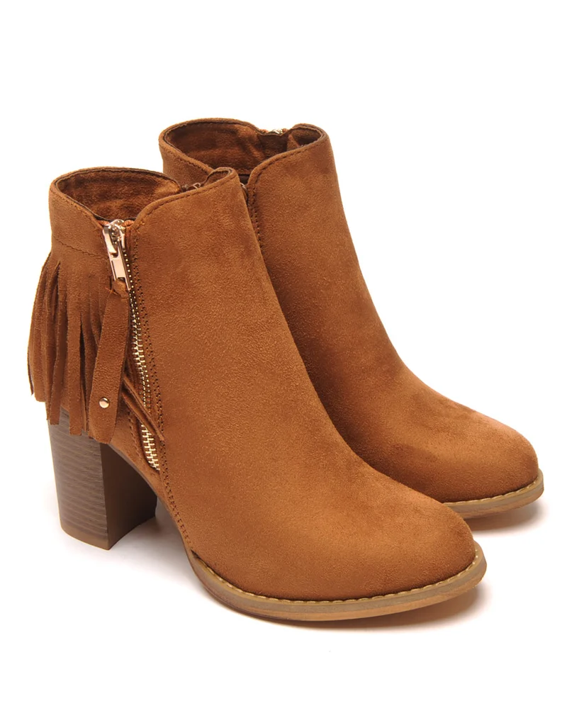 Bottine à talon camel avec frange