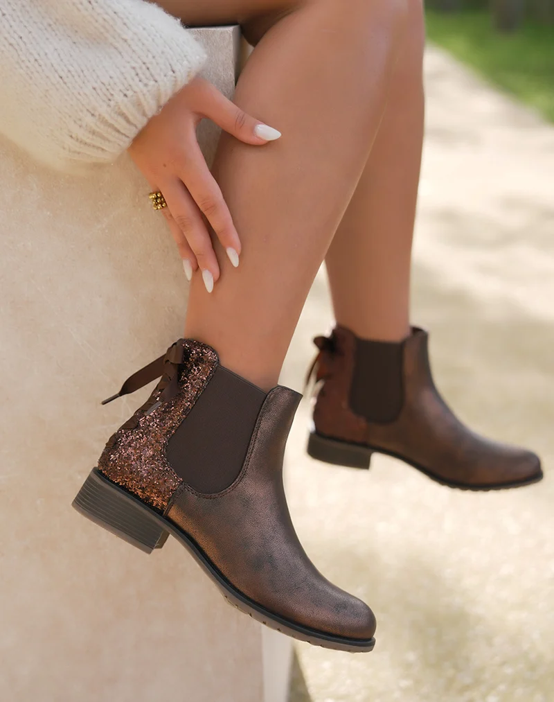 Bottines marron irisées avec paillettes et nœud