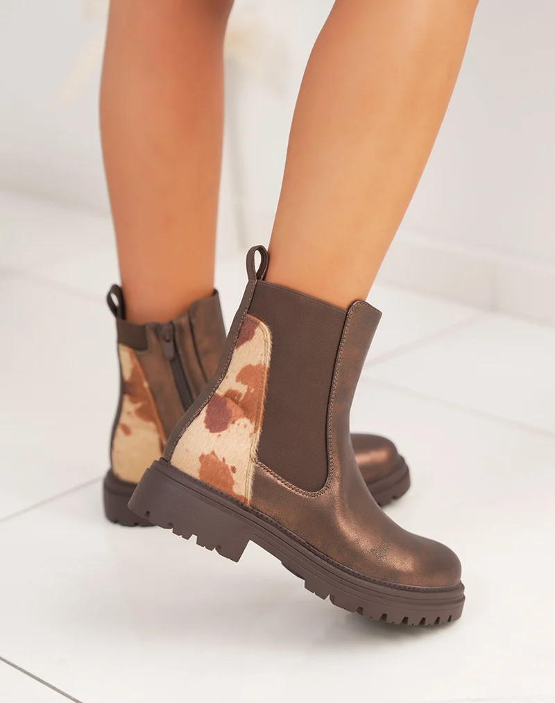 Bottines Chelsea marron irisées à empiècement effet vachette