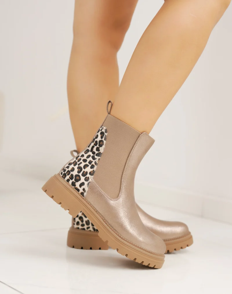 Bottines Chelsea taupe irisées à imprimé léopard