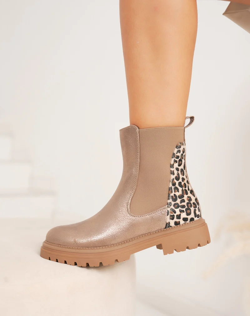 Bottines Chelsea taupe irisées à imprimé léopard