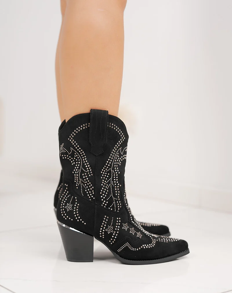Bottines noires en suédine à strass style santiags