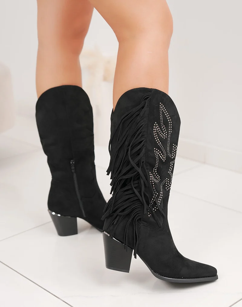 Bottes noires western à franges en suédine avec strass