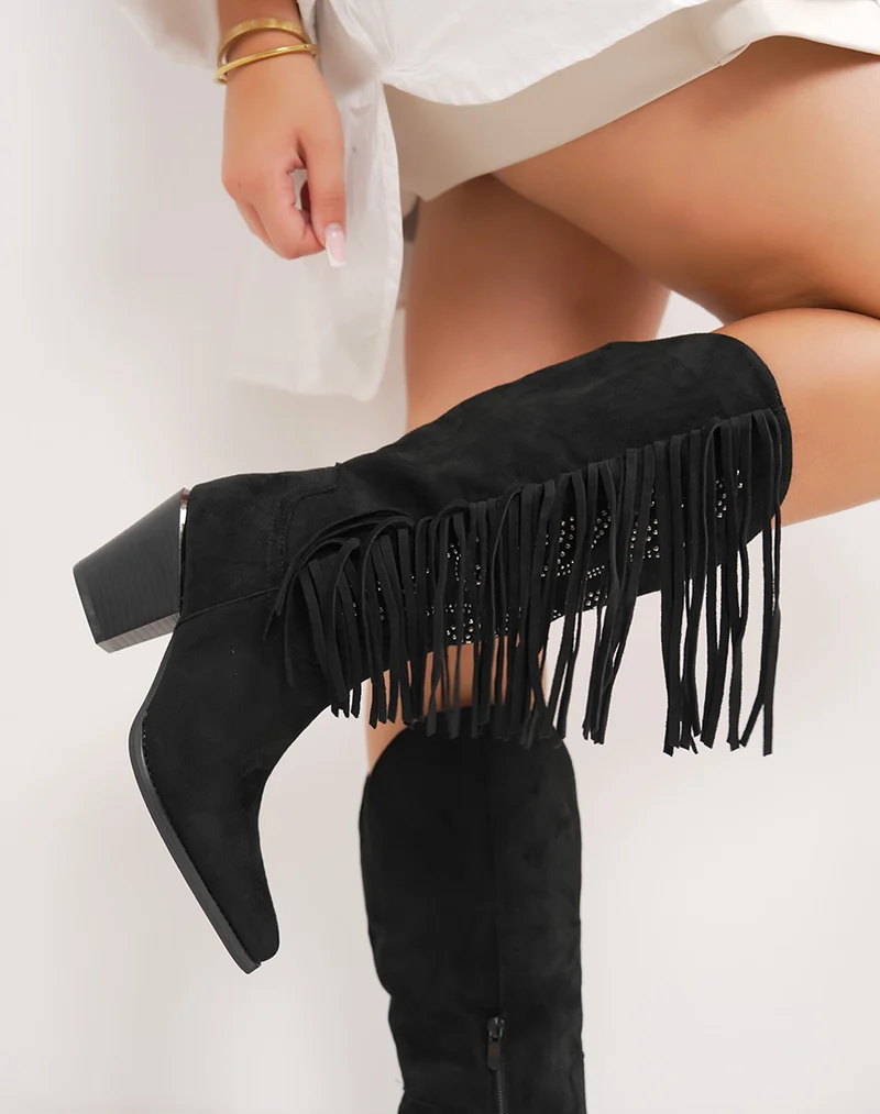 Bottes noires western à franges en suédine avec strass