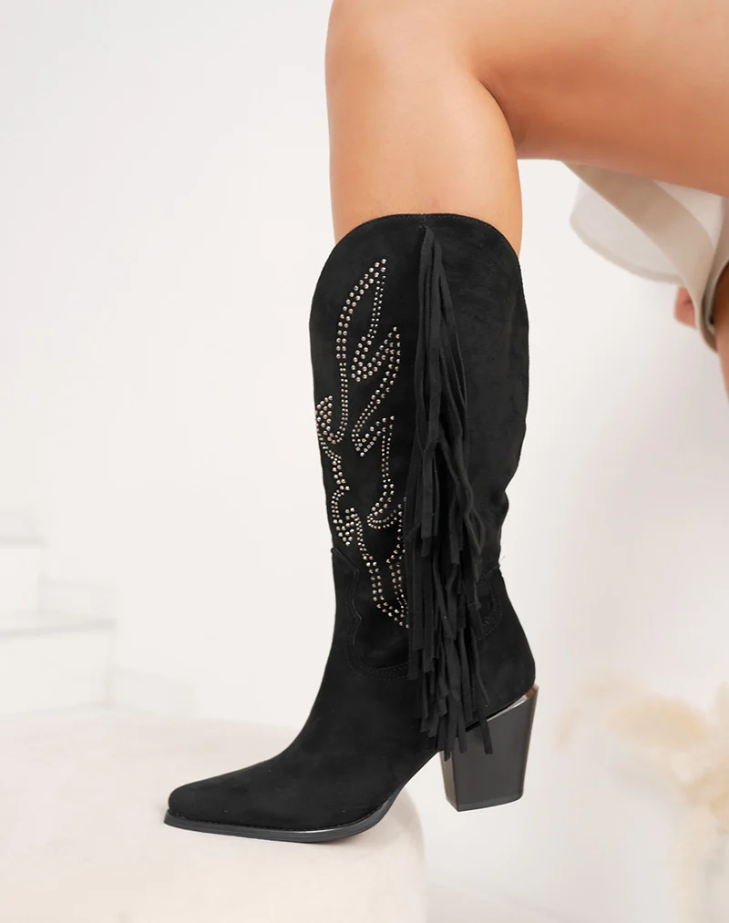 Bottes noires western à franges en suédine avec strass