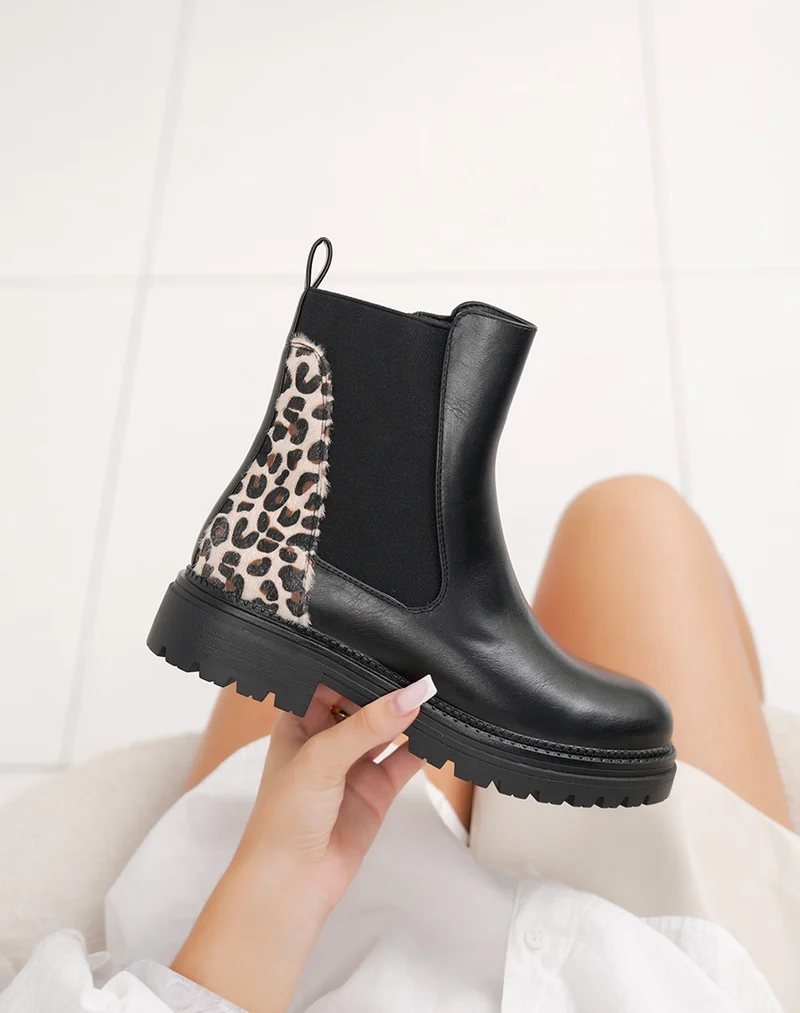 Bottines noires style chelsea à imprimé léopard