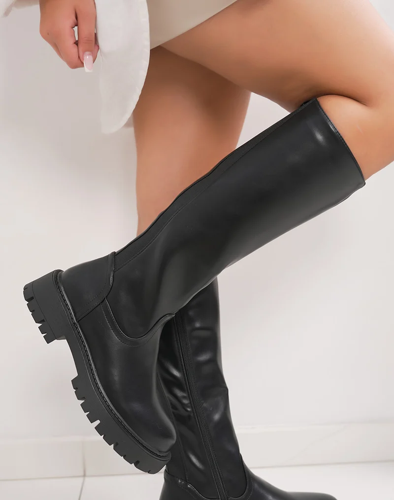 Bottes cavalières noires à semelle crantée