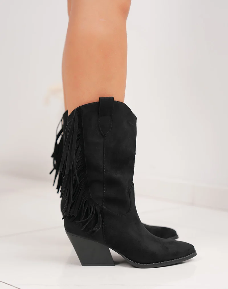 Bottines noires à franges style santiags