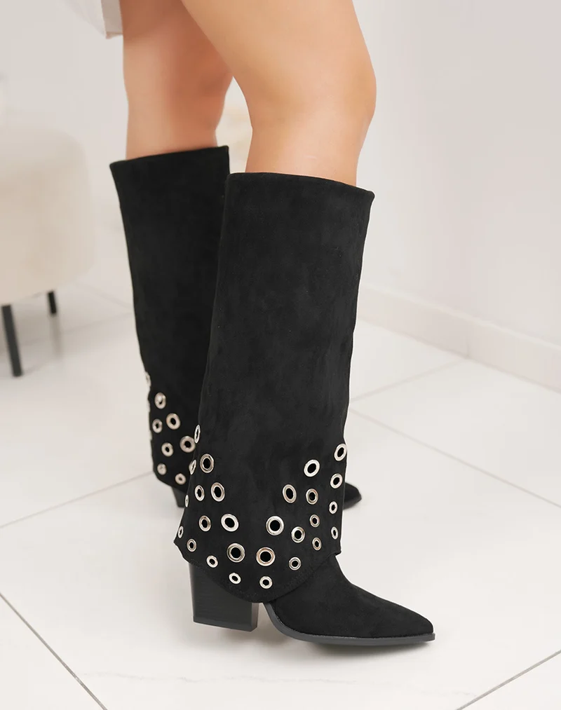 Bottes femme noires élégantes en suédine à talon biseauté avec détails argentés