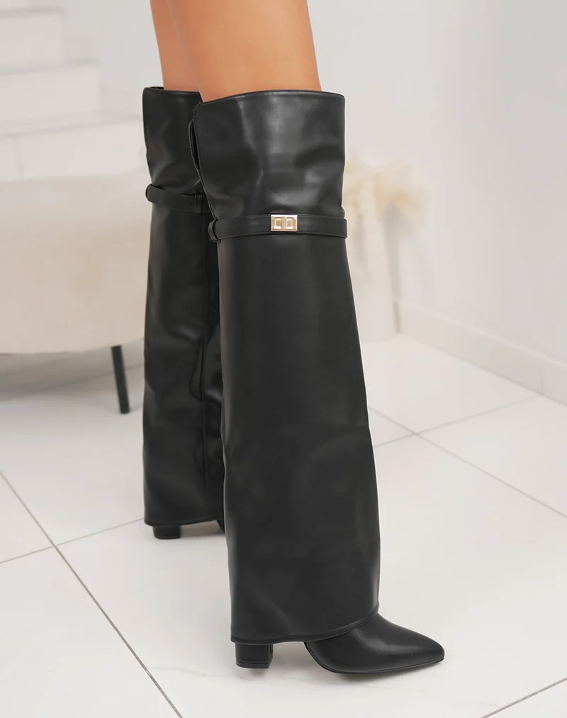 Cuissardes noires à talons carrés – Bout pointu – Femme tendance hiver