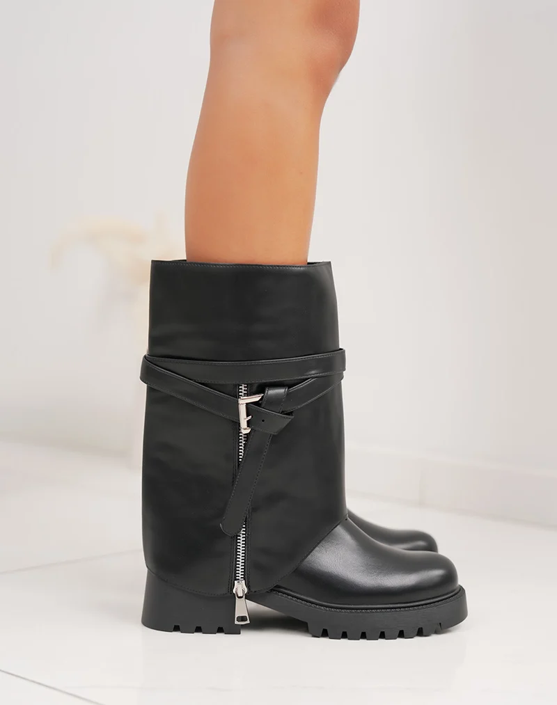 Bottines noires Chelsea fourrées à talon carré – Tige amovible avec lanières argentées