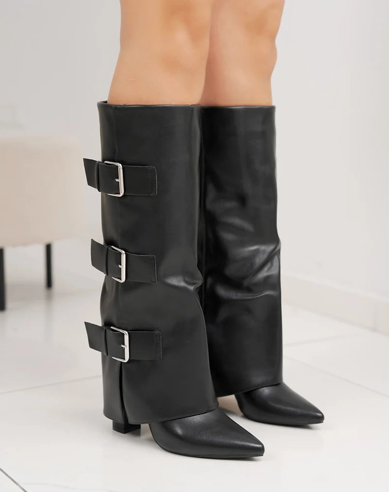 Bottes femme noires à revers avec triple lanière épaisse et talon haut
