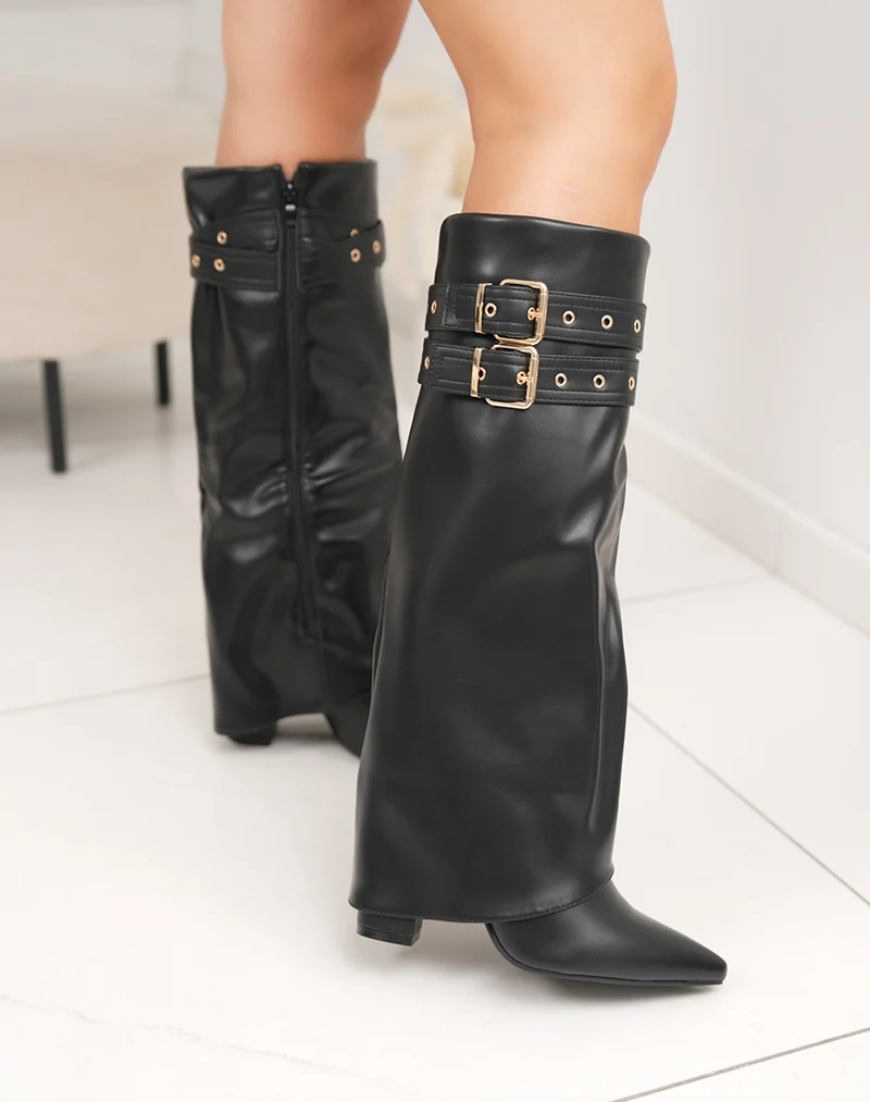 Bottes femme noires à revers avec double lanière dorée et talon haut 9cm