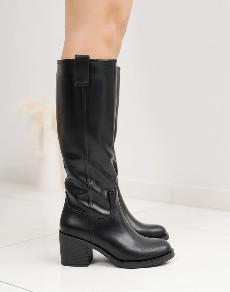 Bottes femme noires à talon carré 8cm élégantes avec couture simple