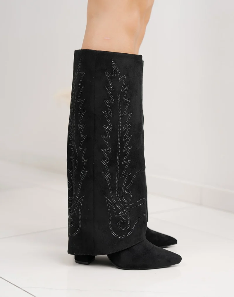 Bottes femme noires style santiags à strass élégantes et bout pointu