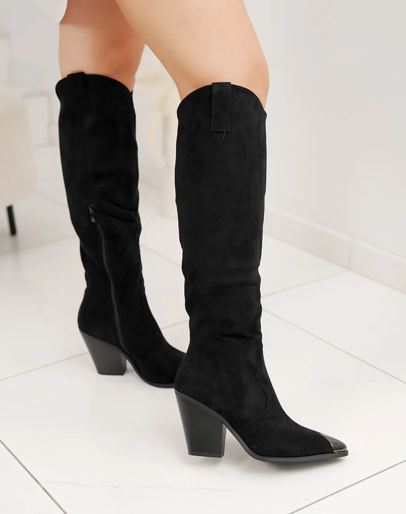 Bottes femme noire en suédine tendance à bout brillant et talon biseauté