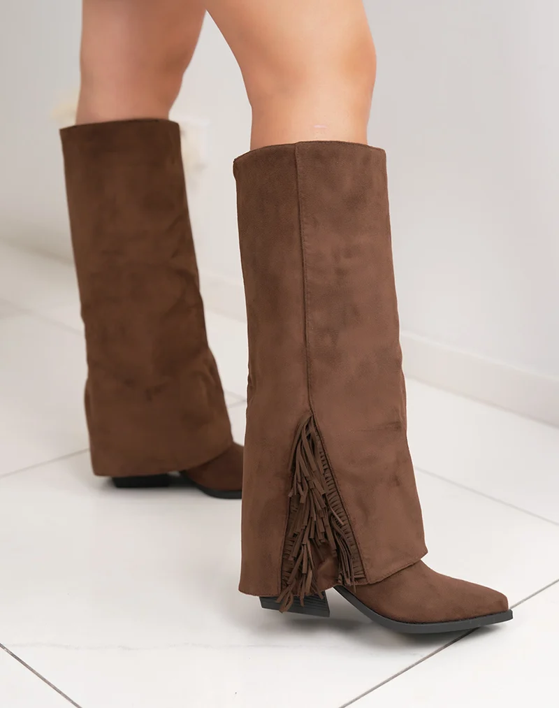 Bottes femme marron en suédine à franges et talon carré 6cm