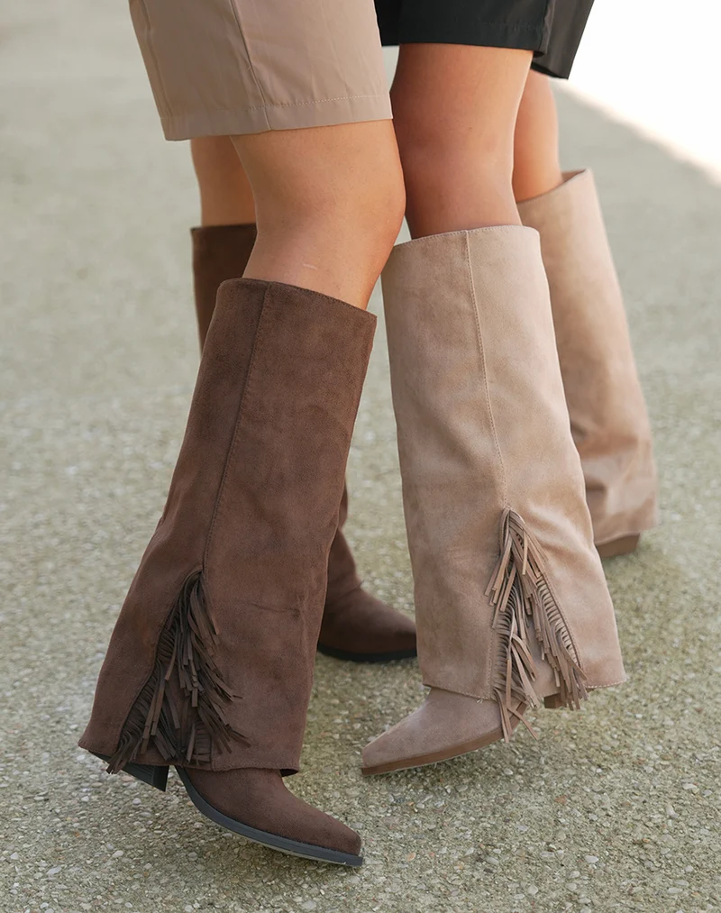 Bottes femme marron en suédine à franges et talon carré 6cm