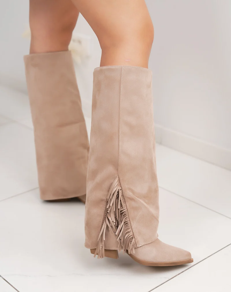 Bottes femme taupe en suédine élégante à franges et talon carré 6cm