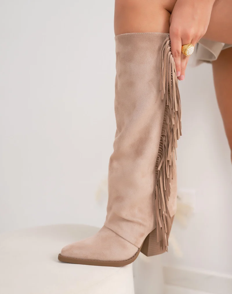 Bottes femme taupe tendance en suédine avec franges, talon carré et bout pointu