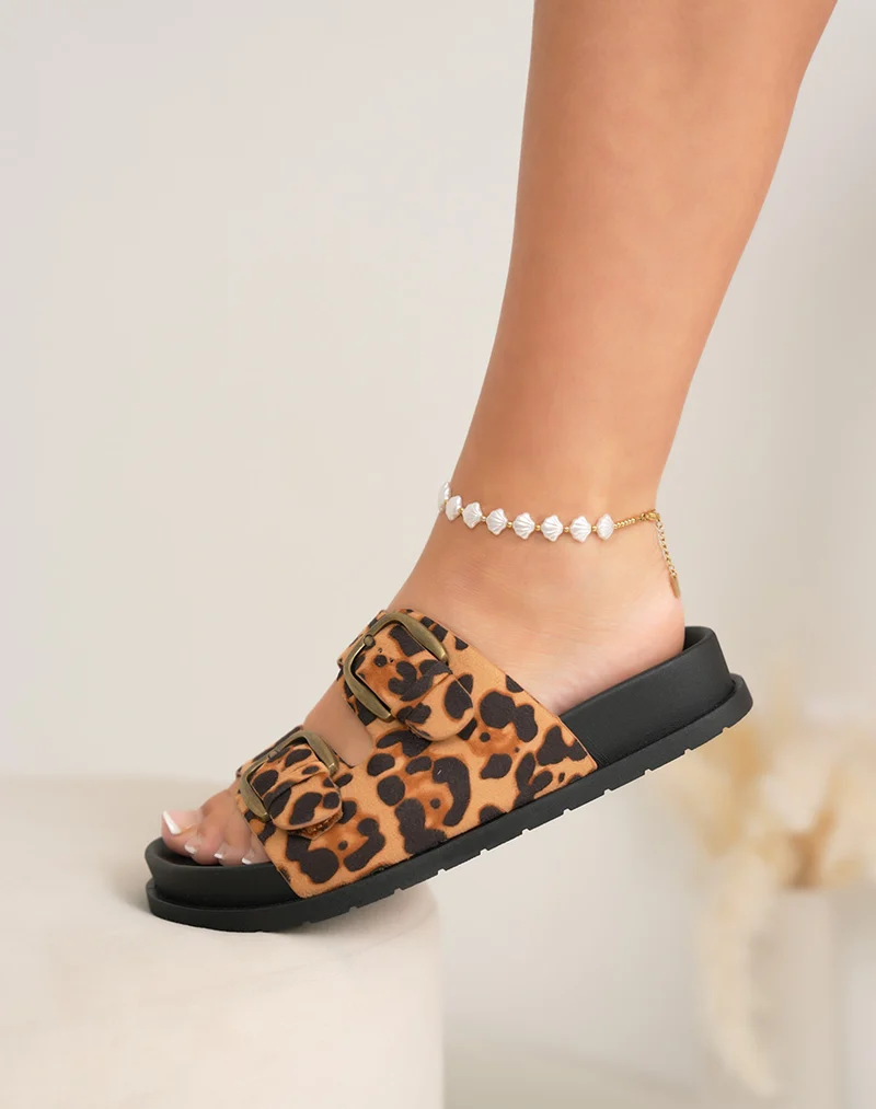 Mules femme léopard tendance avec brides à boucles et semelle noire confortable