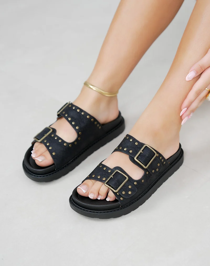 Mules femme noires effet serpent tendance avec détails dorés et semelle plate