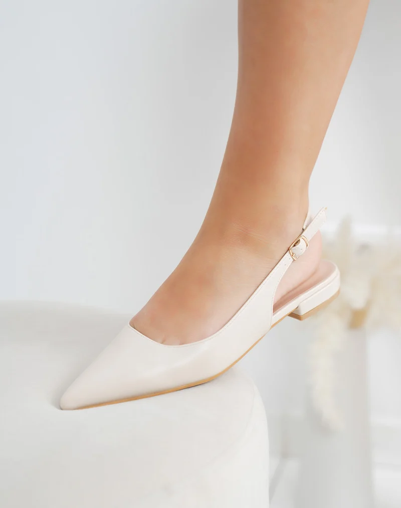 Escarpins femme beige mat plats à bout pointu avec lanière ajustable