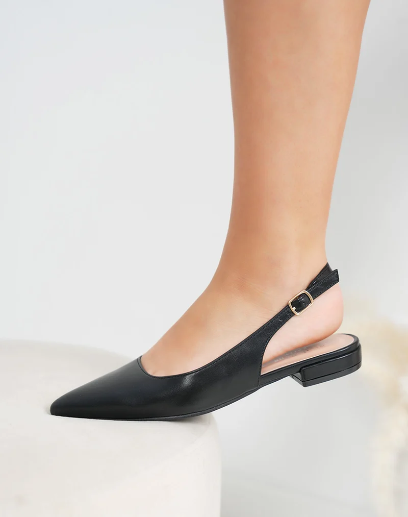 Escarpins femme noir mat plats à bout pointu avec lanière ajustable