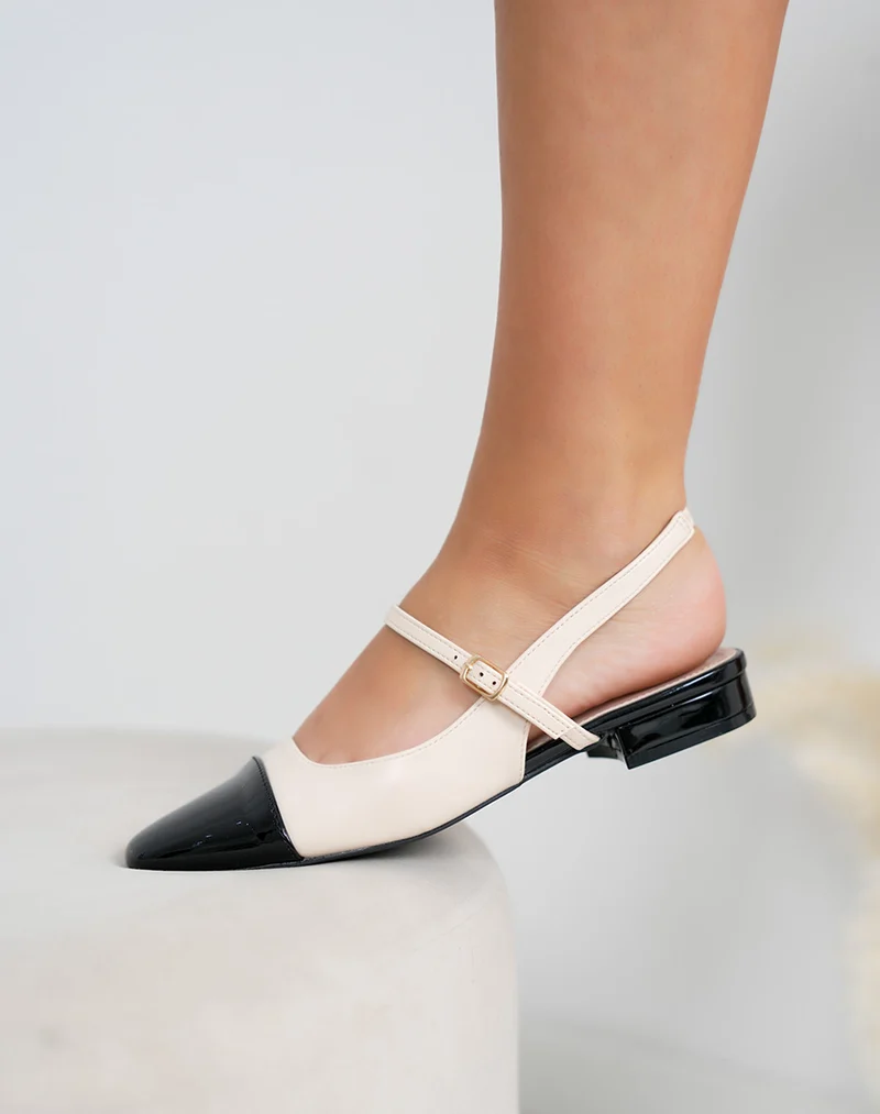 Escarpins femme beige à bout carré noir vernis et petit talon